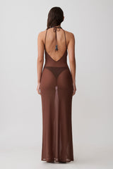Ethal Mesh Cowl Neck Beaded Maxi Dress - Chocolate