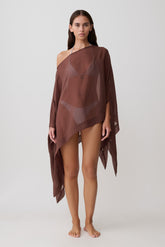 Leilani Sheer Draped Asymmetric Top - Chocolate