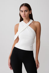 Sable Crossover Crepe Halter Top - White