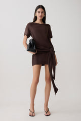 Felicity Short Sleeve Dress With Waist Tie - Dark Chocolate