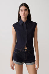 Jeremy Collared Denim Longline Top - Washed Indigo Blue