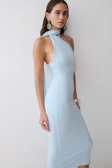 Jemma One Shoulder Tie Midi Dress - Pale Blue