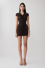 Alphine Gathered Short Sleeve Mini Dress - Chocolate
