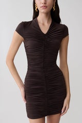 Alphine Gathered Short Sleeve Mini Dress - Chocolate