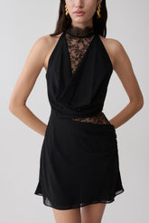 Arra Chiffon And Lace Halter Mini Dress - Black