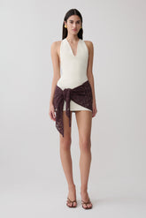 Mollie Mini Dress With Crochet Overlay - White/Chocolate