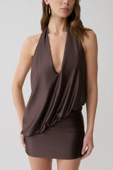 Arabel Draped Halter Mini Dress - Chocolate