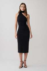 Jemma One Shoulder Tie Midi Dress - Black
