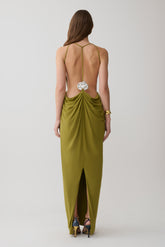 Bahari Low Back Halter Maxi Dress - Vintage Olive