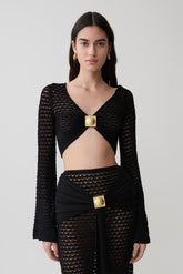 Mania Crochet Long Sleeve Cropped Top - Black