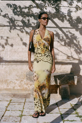 Valentina Chiffon Halter Maxi Dress - Yellow Floral Leopard Print