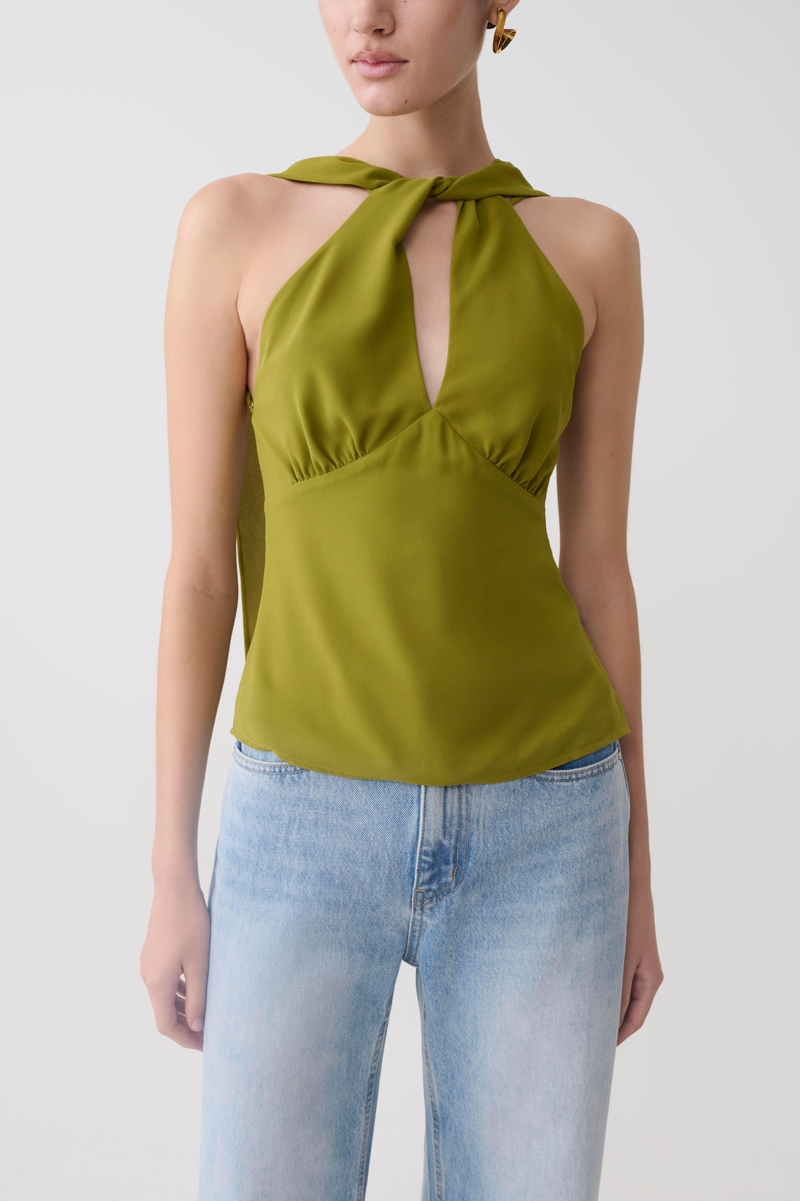 Nora Halter Chiffon Top - Olive