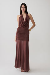 Jorja Draped Halter Slinky Maxi Dress - Chocolate