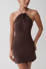 Maggie Cupro Halter Mini Dress - Dark Chocolate