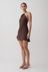 Maggie Cupro Halter Mini Dress - Dark Chocolate