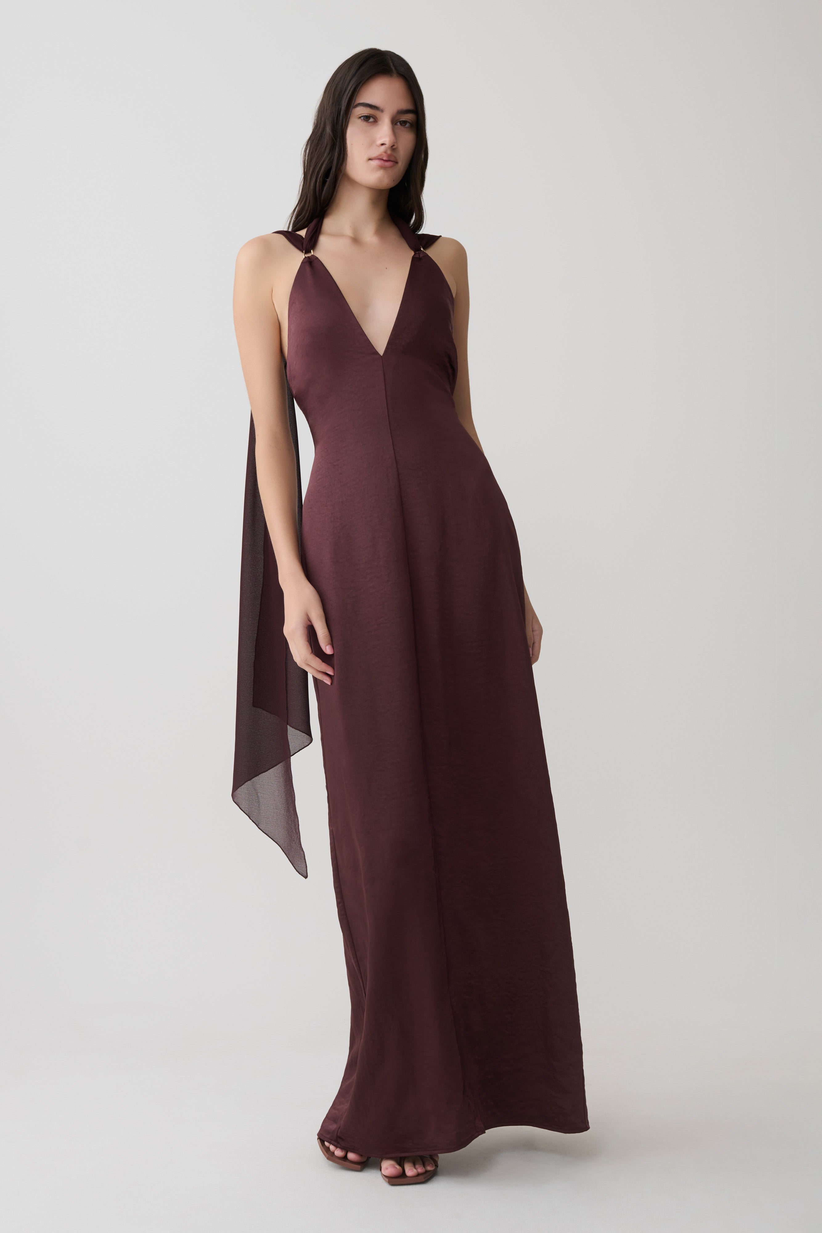 Myla Draped Shoulders Satin Maxi Dress - Chocolate