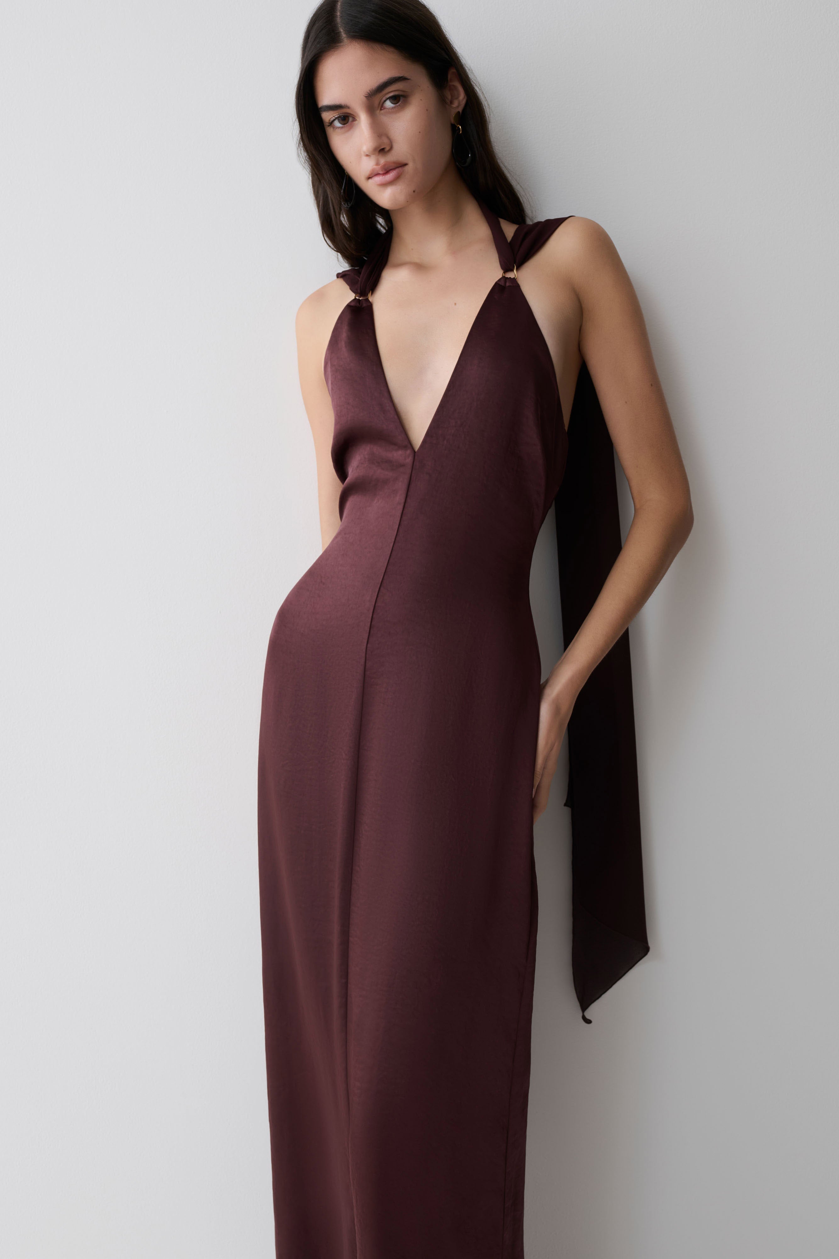 Myla Draped Shoulders Satin Maxi Dress - Chocolate