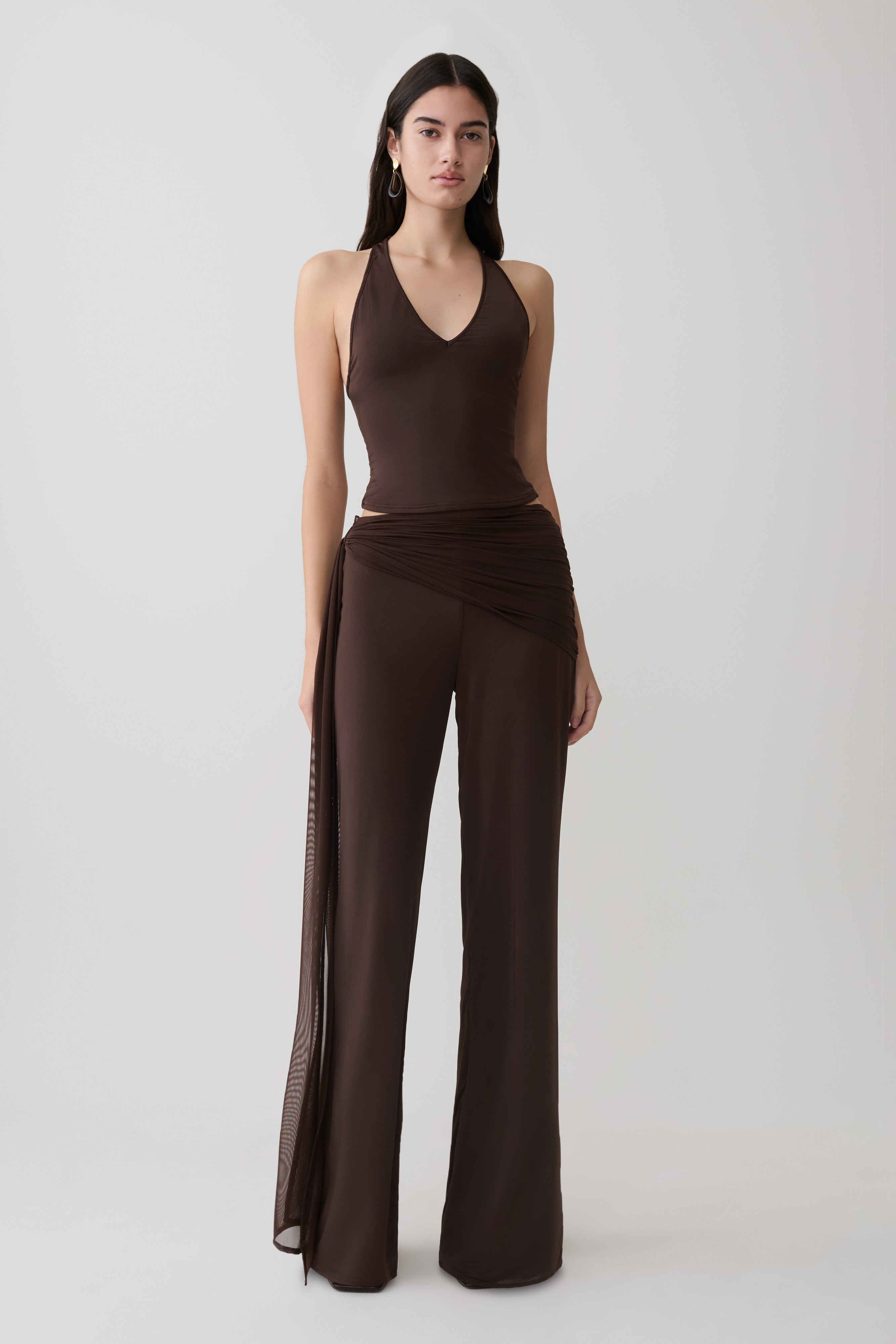 Aspyn Slinky Gathered Wide Leg Pants - Chocolate