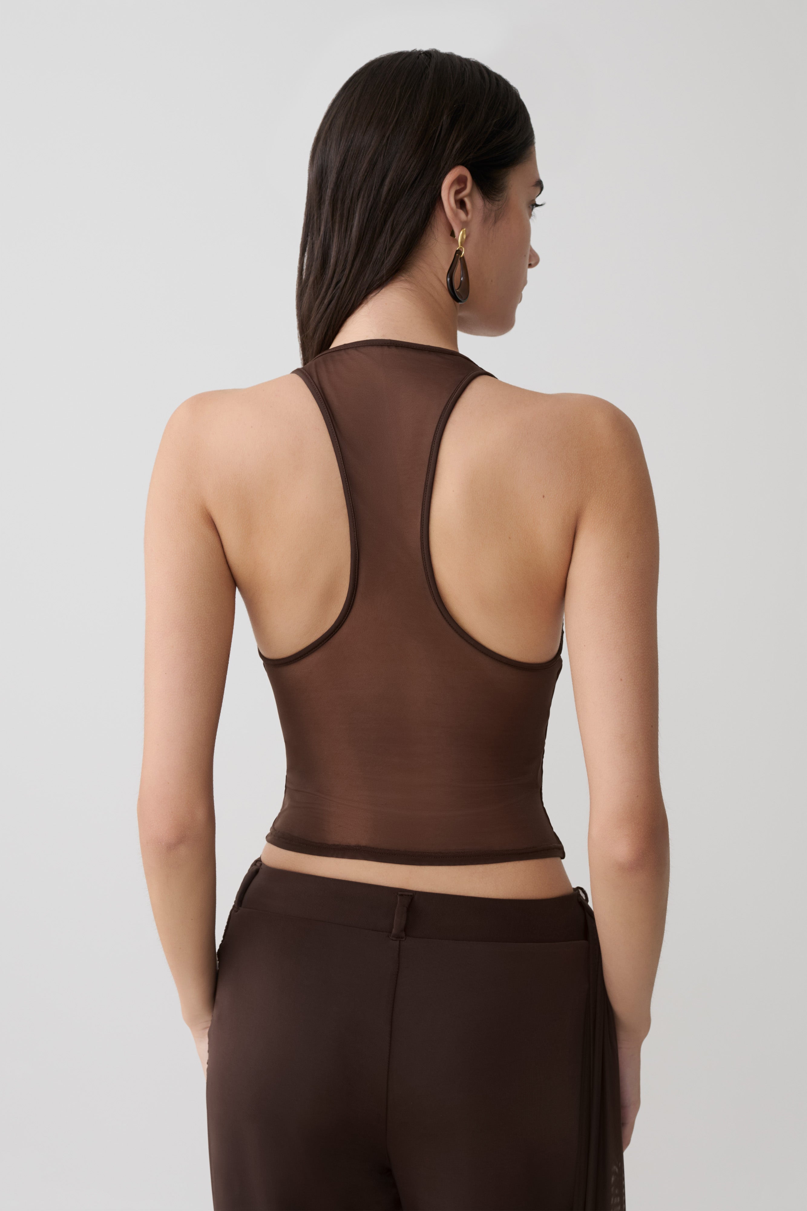 Aspyn Slinky And Mesh Top - Chocolate