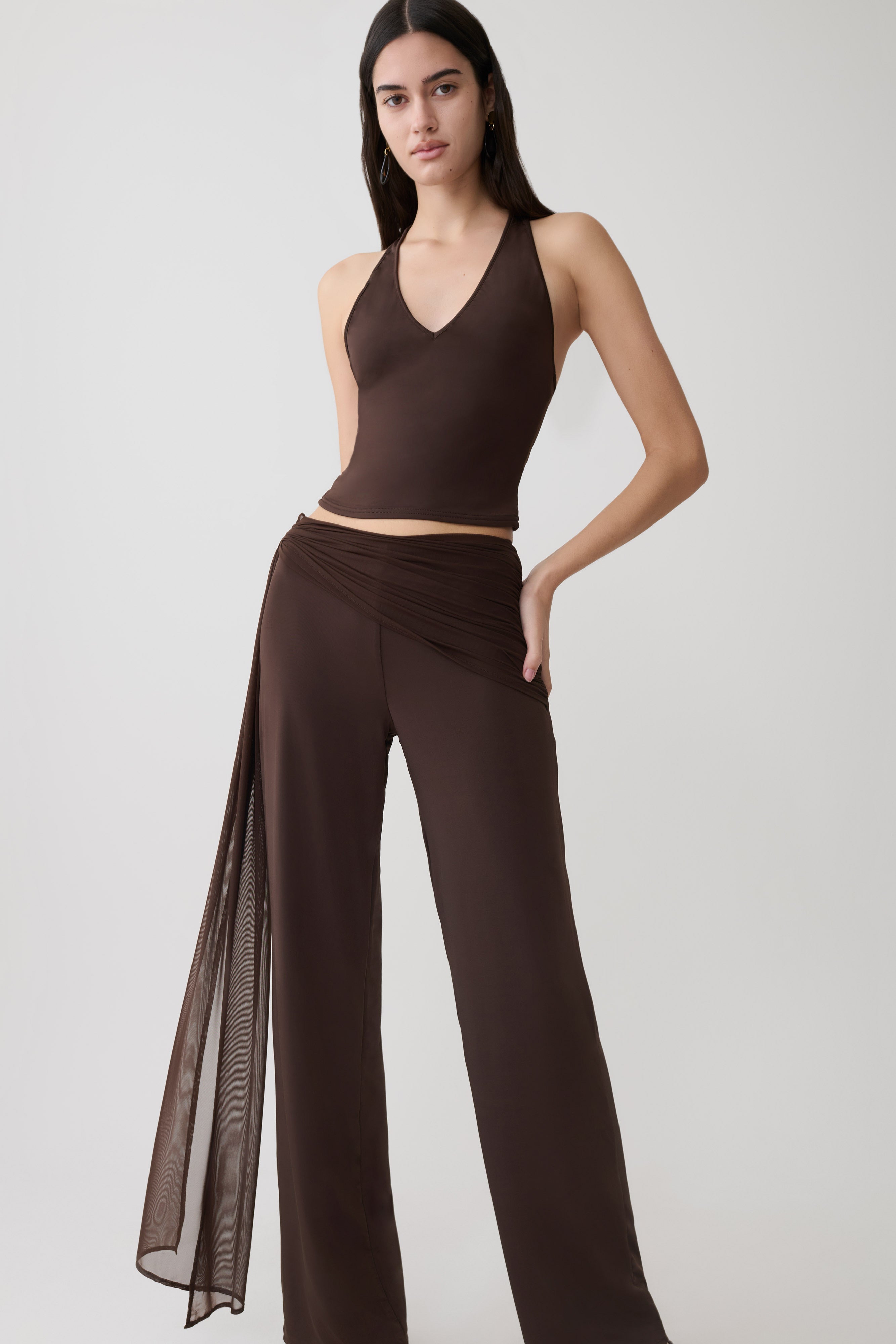 Aspyn Slinky Gathered Wide Leg Pants - Chocolate