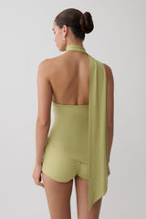 Jemma One Shoulder Tie Top - Apple Sage