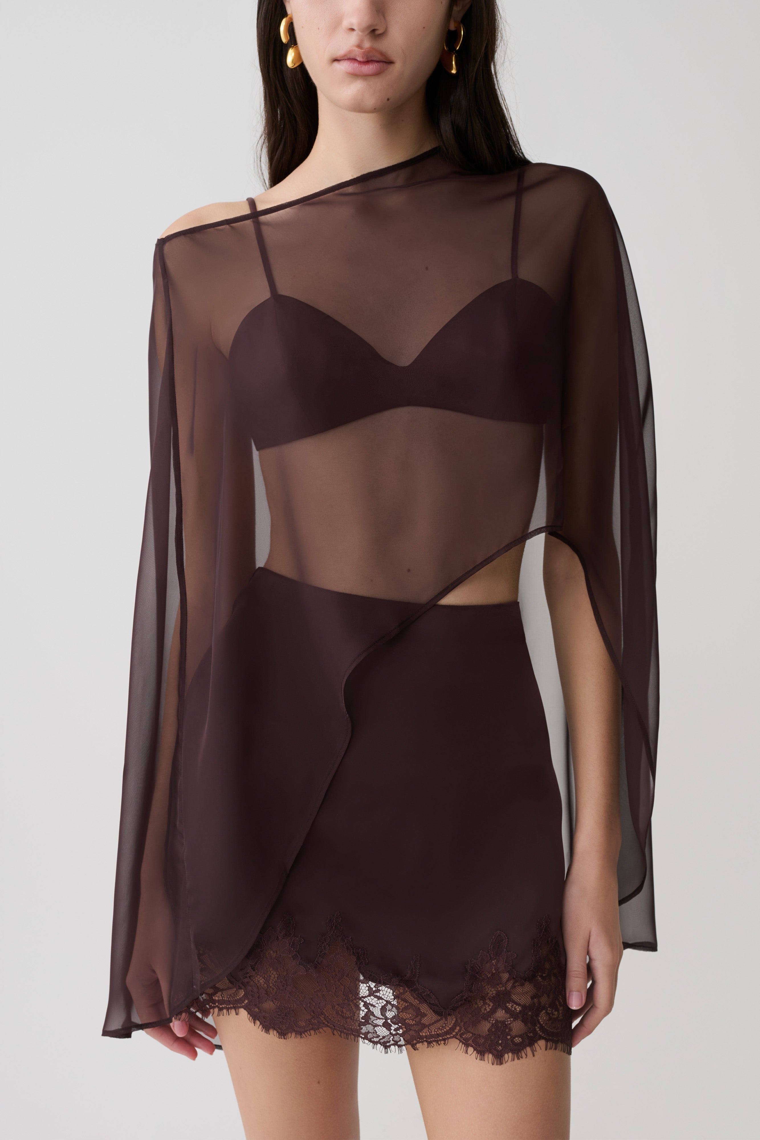 Nina Lace And Satin Mini Skirt - Chocolate
