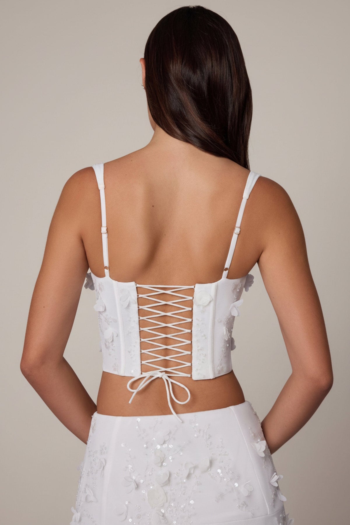 Embellished Lace-Up Corset Top in White