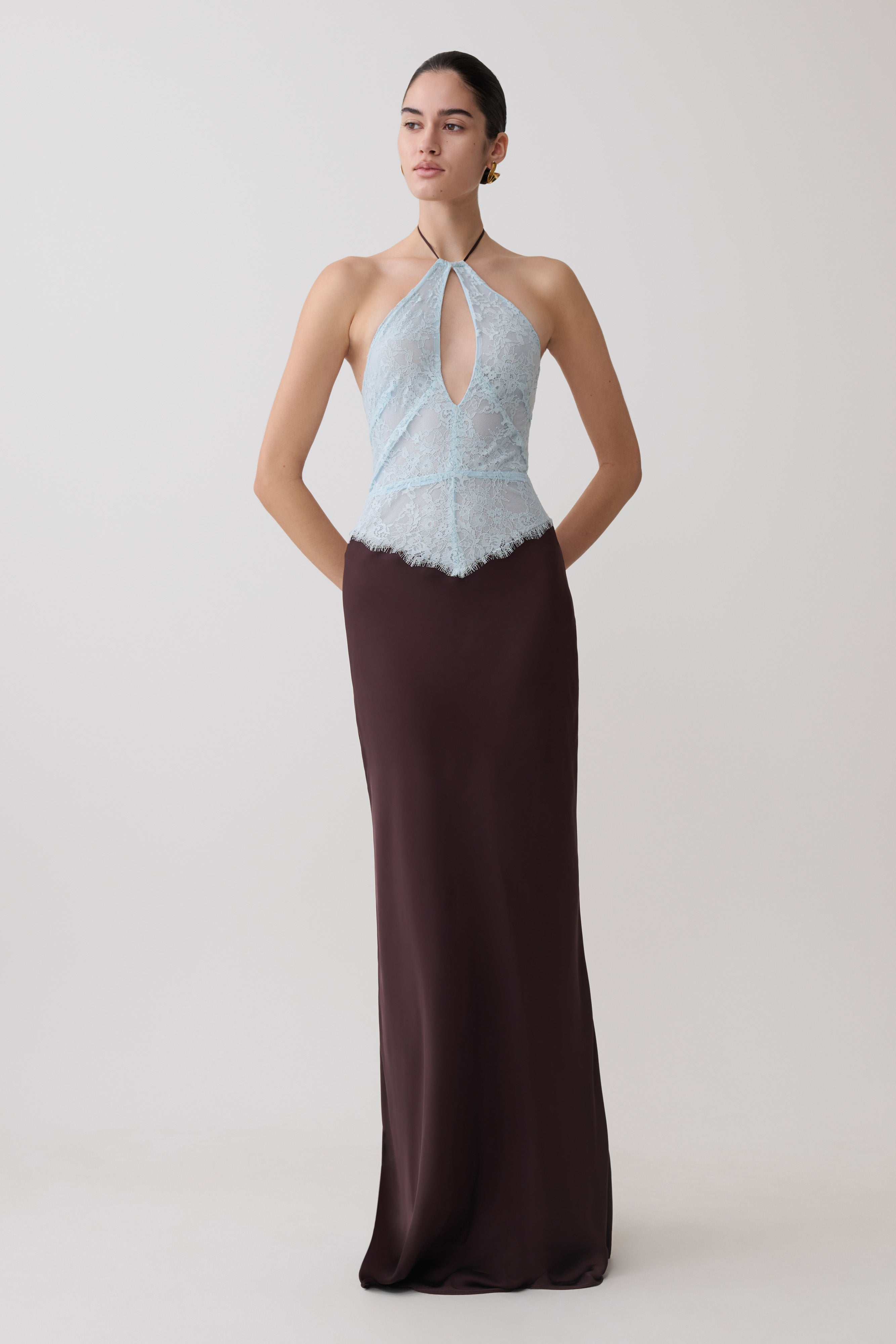 Sascha Lace And Satin Halter Maxi Dress - Ice Blue/Chocolate