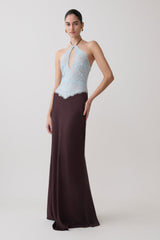 Sascha Lace And Satin Halter Maxi Dress - Ice Blue/Chocolate
