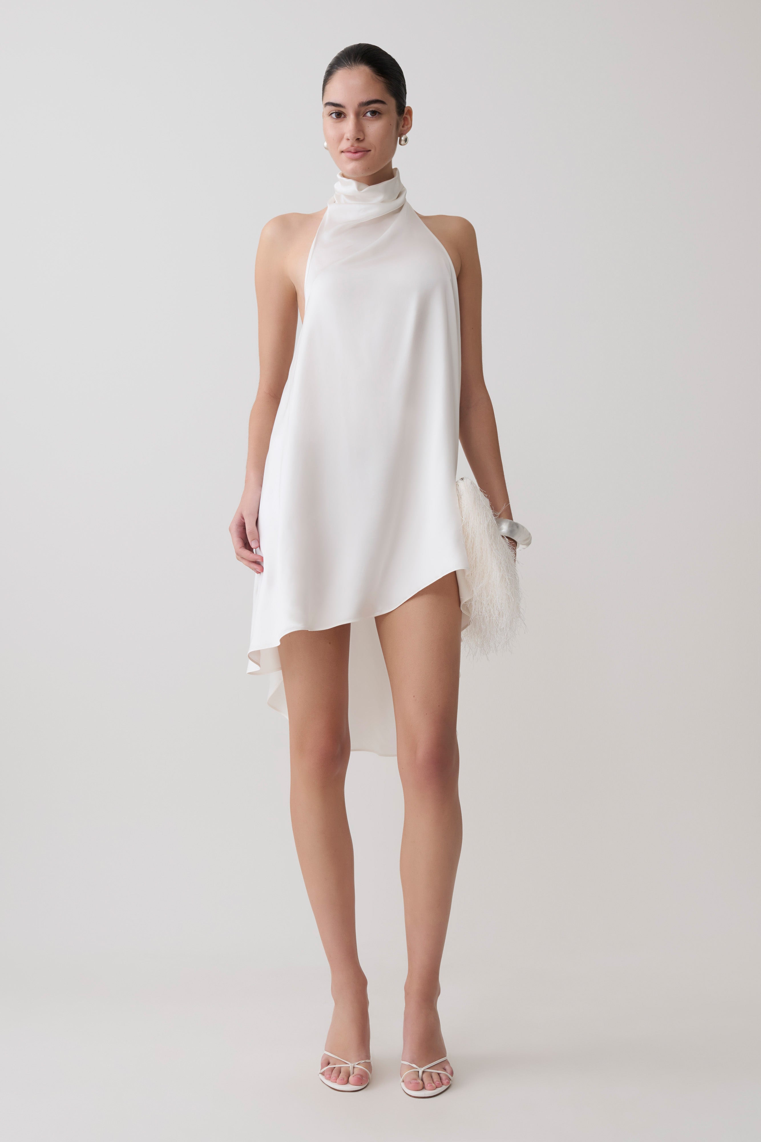 Sydney Asymmetrical Satin Halter Mini Dress - Ivory