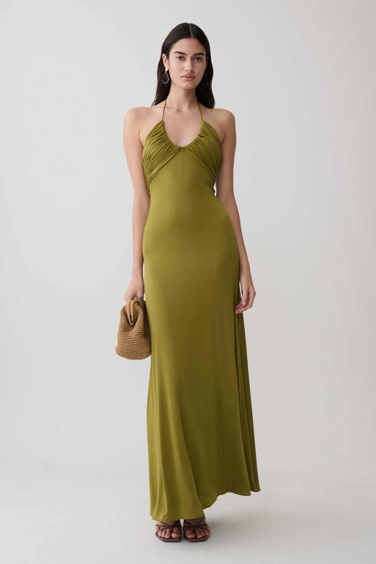 Maely Gathered Slinky Maxi Dress - Olive