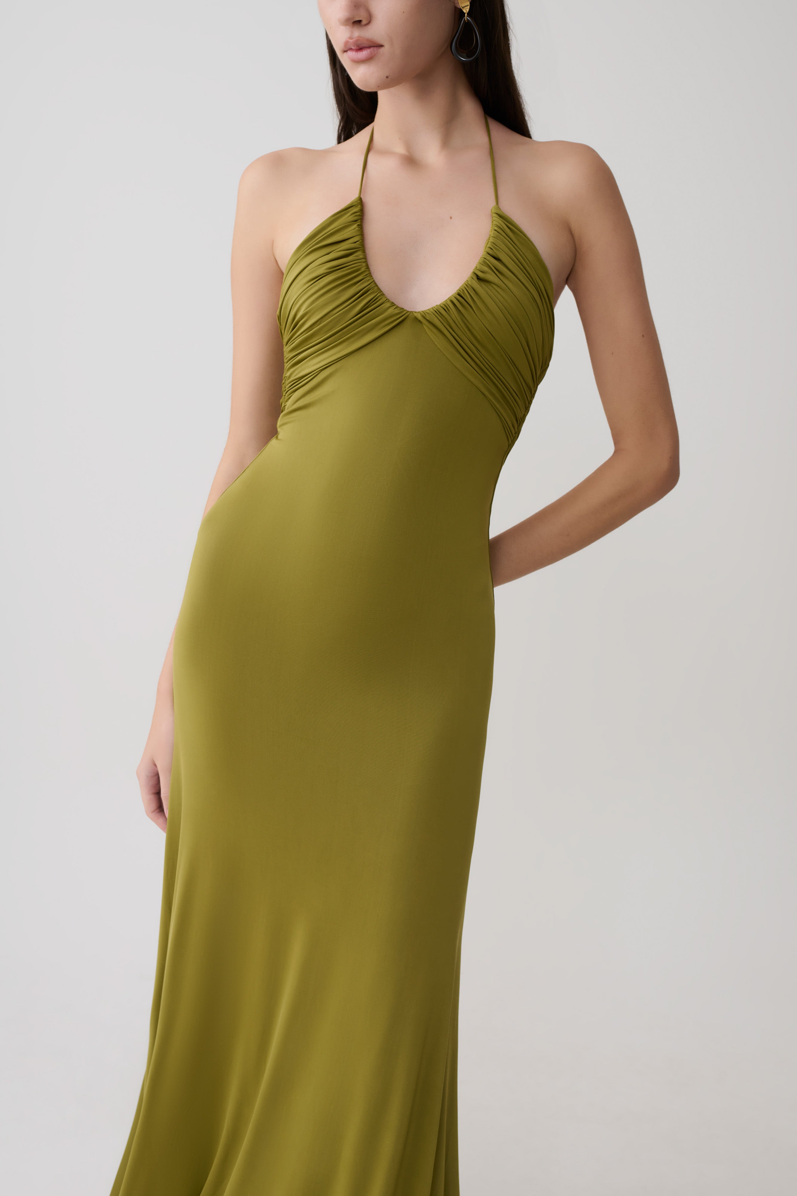 Maely Gathered Slinky Maxi Dress - Olive