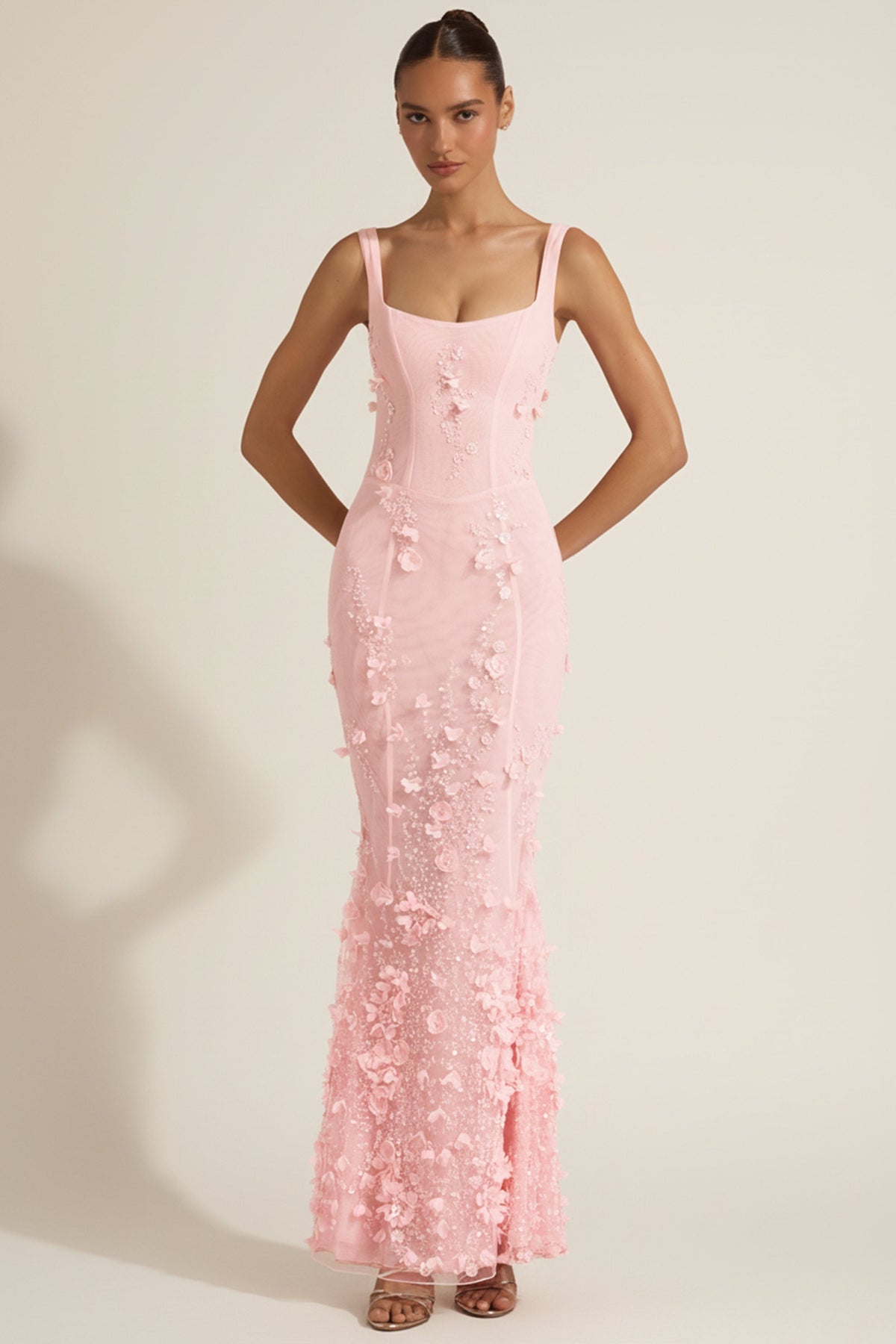 Embellished Appliqué Soft-Scoop Corset Gown in Pink