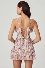 Ruffled Lace-Up A-Line Mini Dress in Primrose Floral Print
