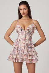 Ruffled Lace-Up A-Line Mini Dress in Primrose Floral Print