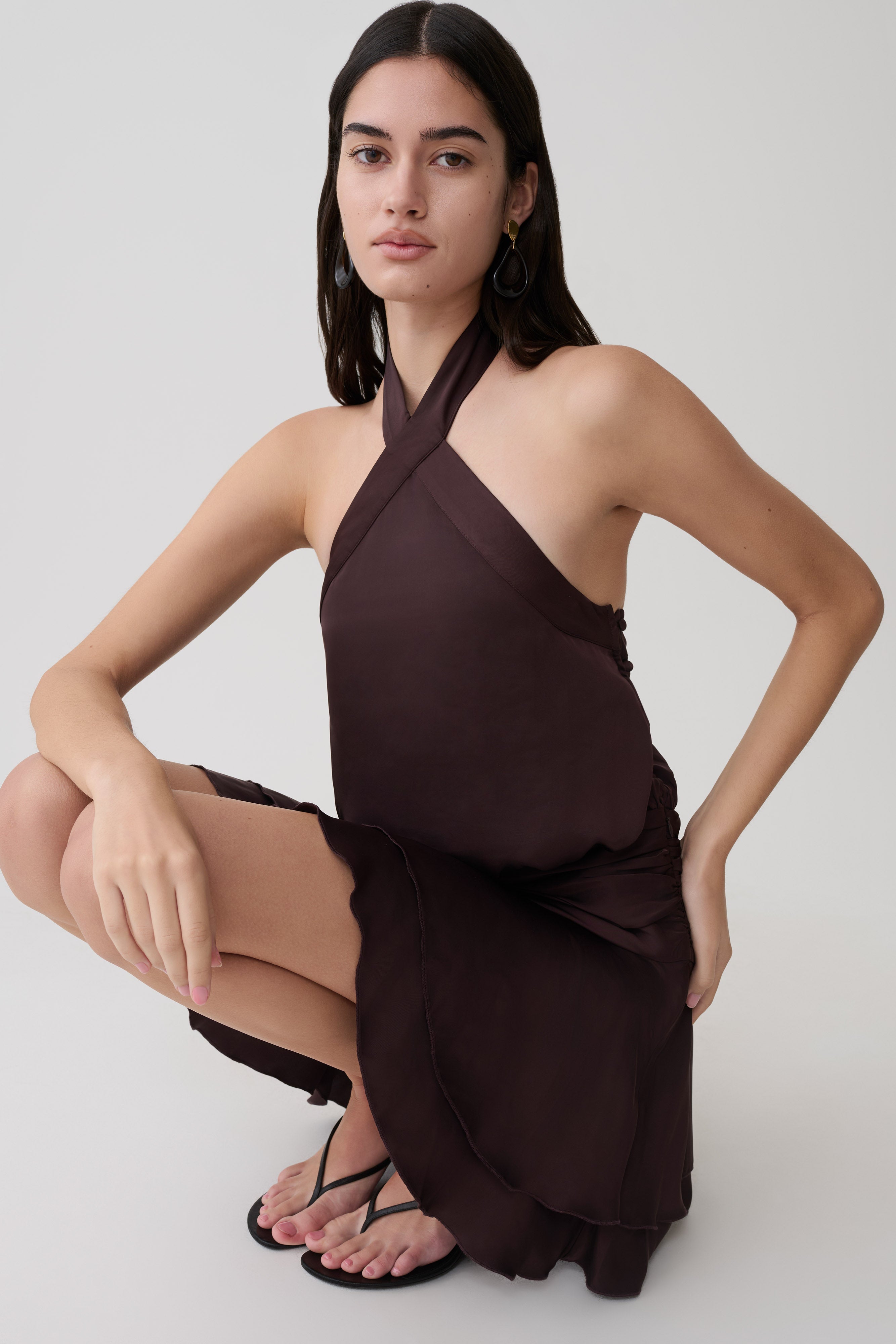 Poppy Satin Halter Mini Dress - Chocolate