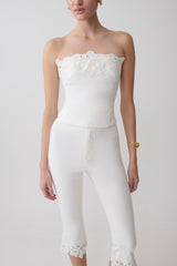 Tillie Flower Embroidery Strapless Denim Top - White