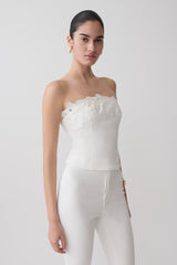 Tillie Flower Embroidery Strapless Denim Top - White