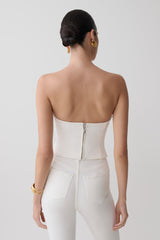 Tillie Flower Embroidery Strapless Denim Top - White