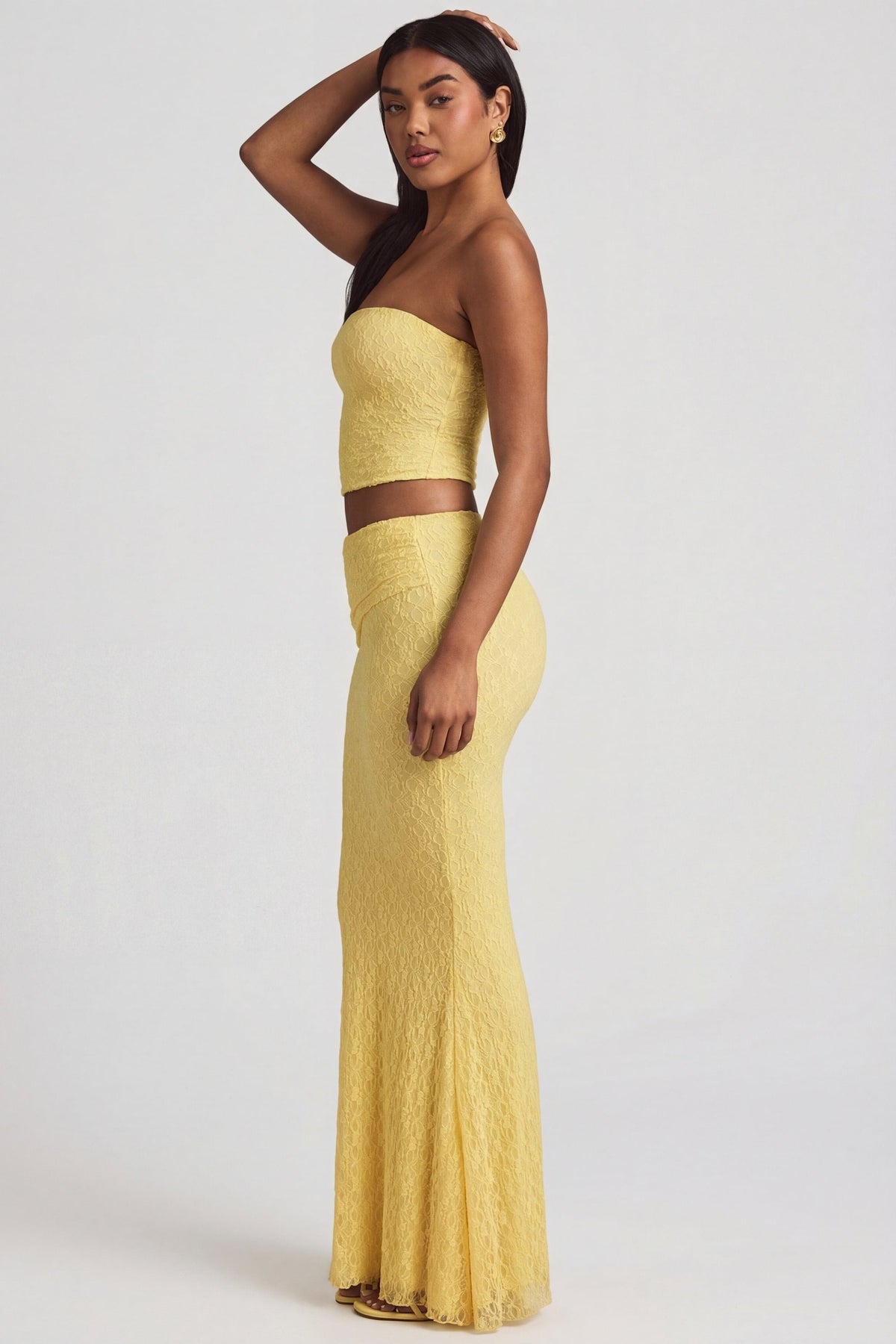 Draped Low-Rise Lace Maxi Skirt in Pastel Yellow