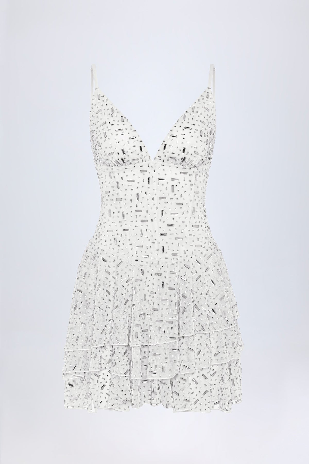 Embellished Ruffled Tiered Mini Dress in White