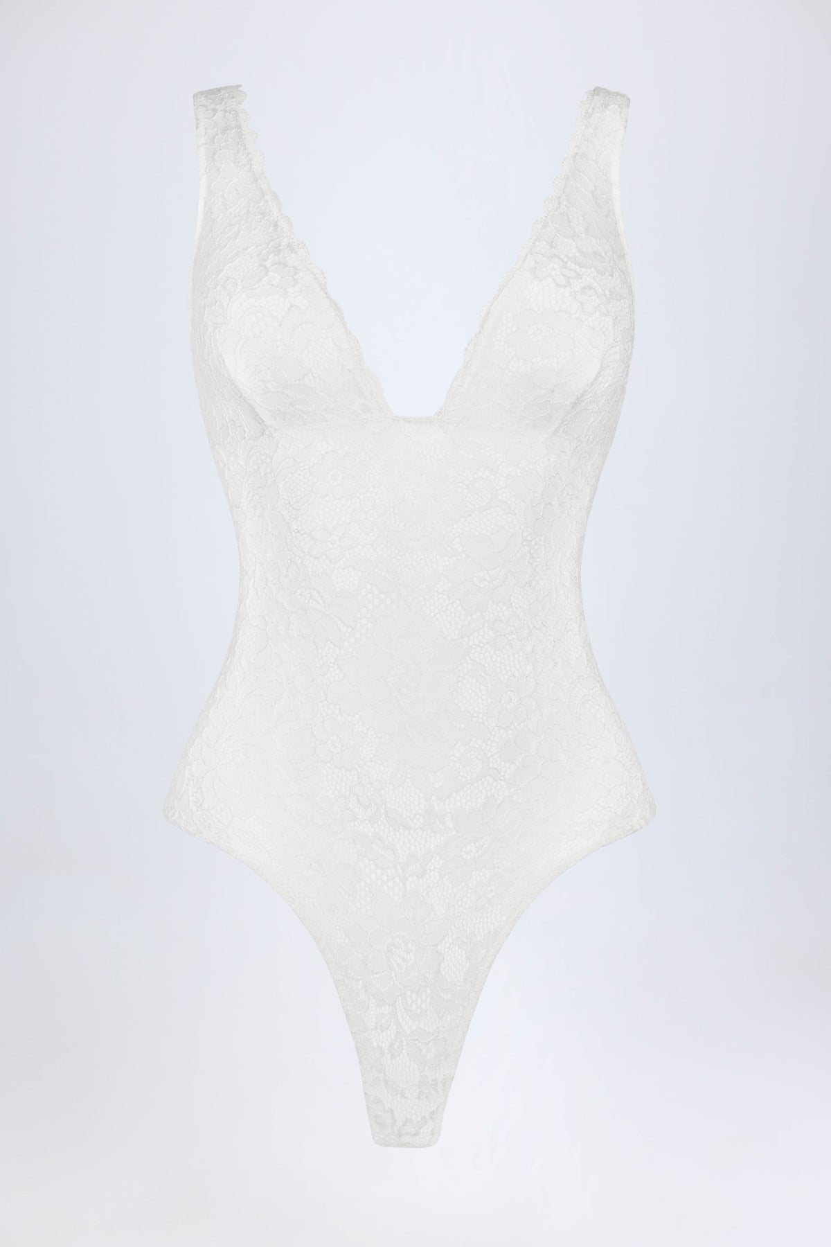 Sheer Lace Scalloped Plunge-Neck Bodysuit in White