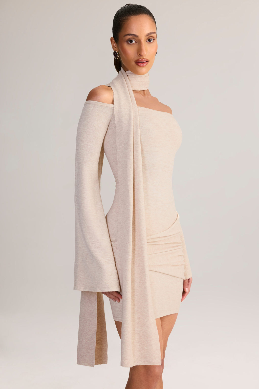 Knit Scarf-Detail Off-Shoulder Mini Dress in Cream