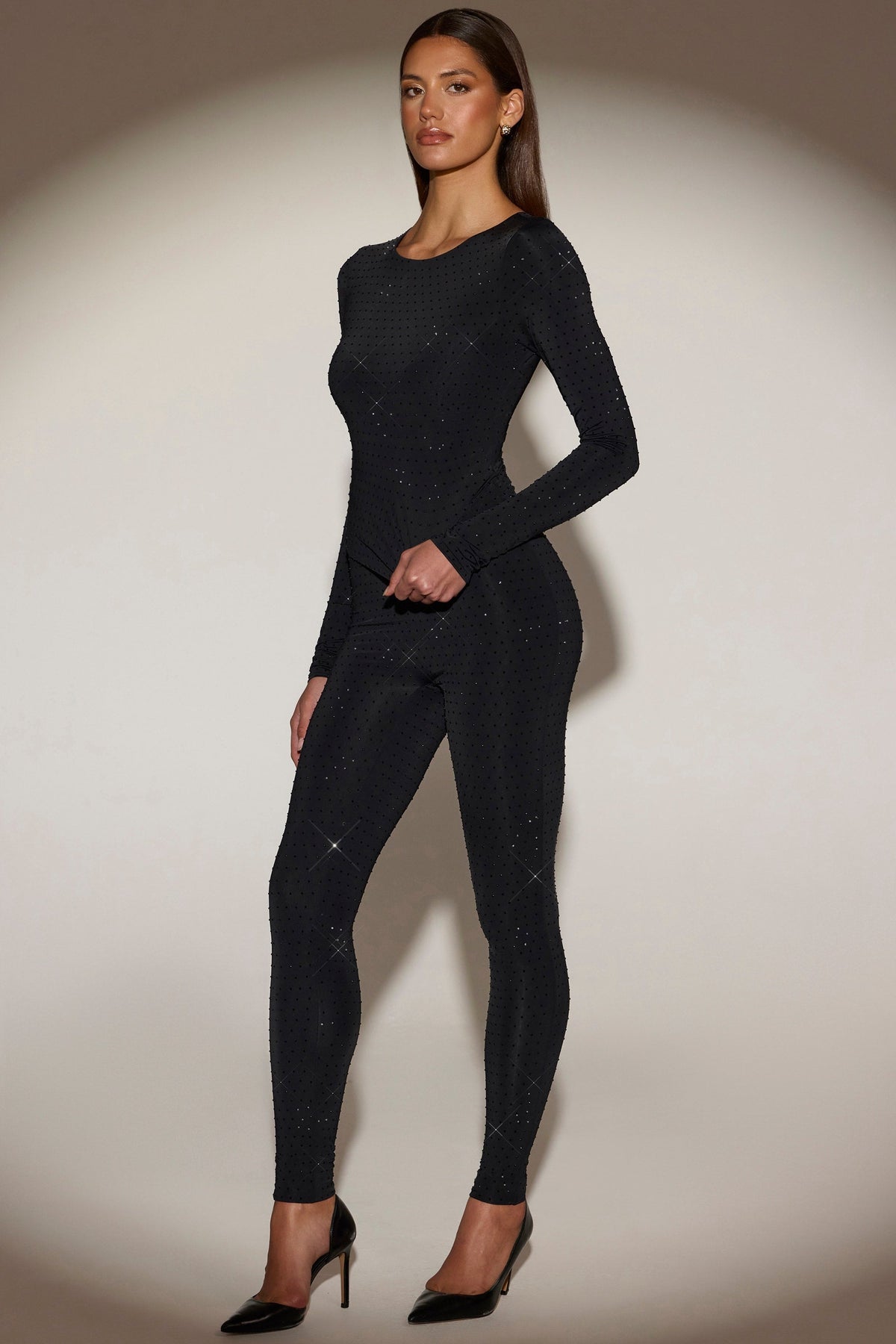 Embellished Crew-Neck Long-Sleeve Top in Black