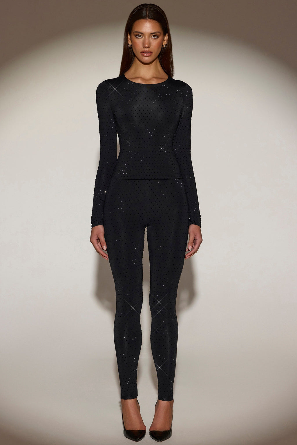 Embellished Crew-Neck Long-Sleeve Top in Black