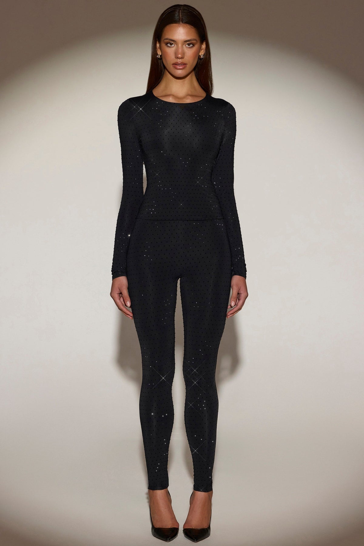 Embellished Crew-Neck Long-Sleeve Top in Black