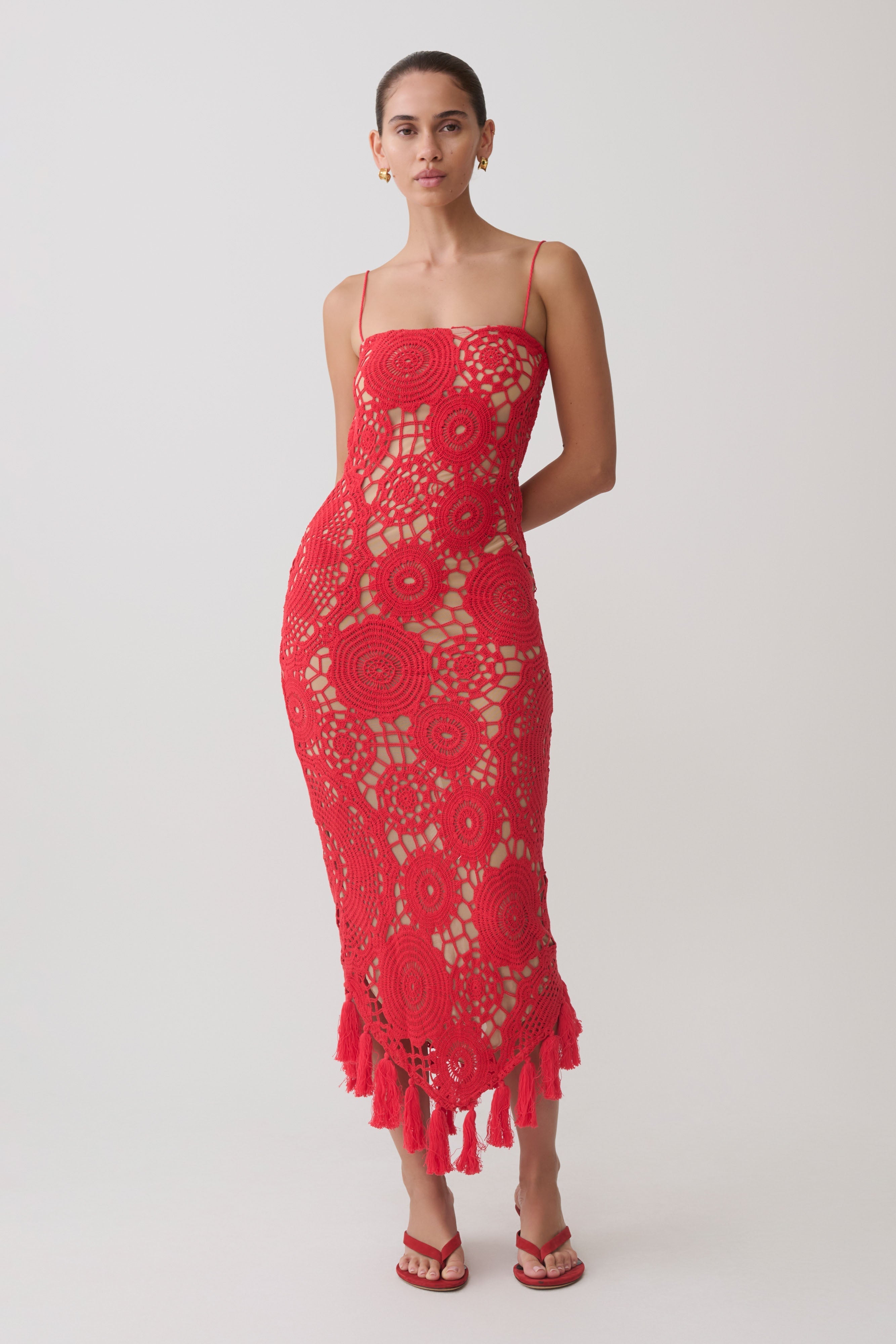 Delta Crochet Halter Midi Dress - Red