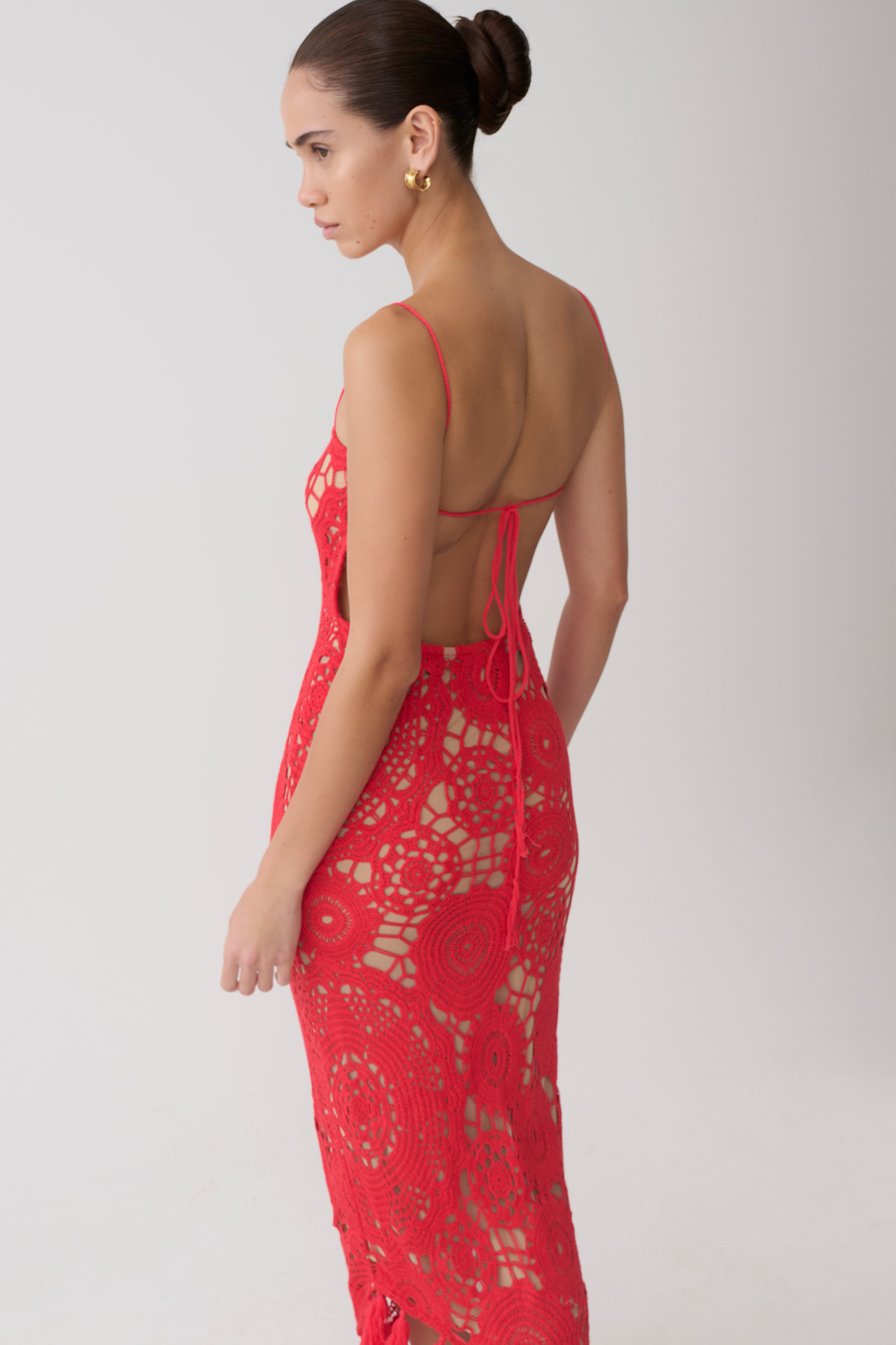 Delta Crochet Halter Midi Dress - Red