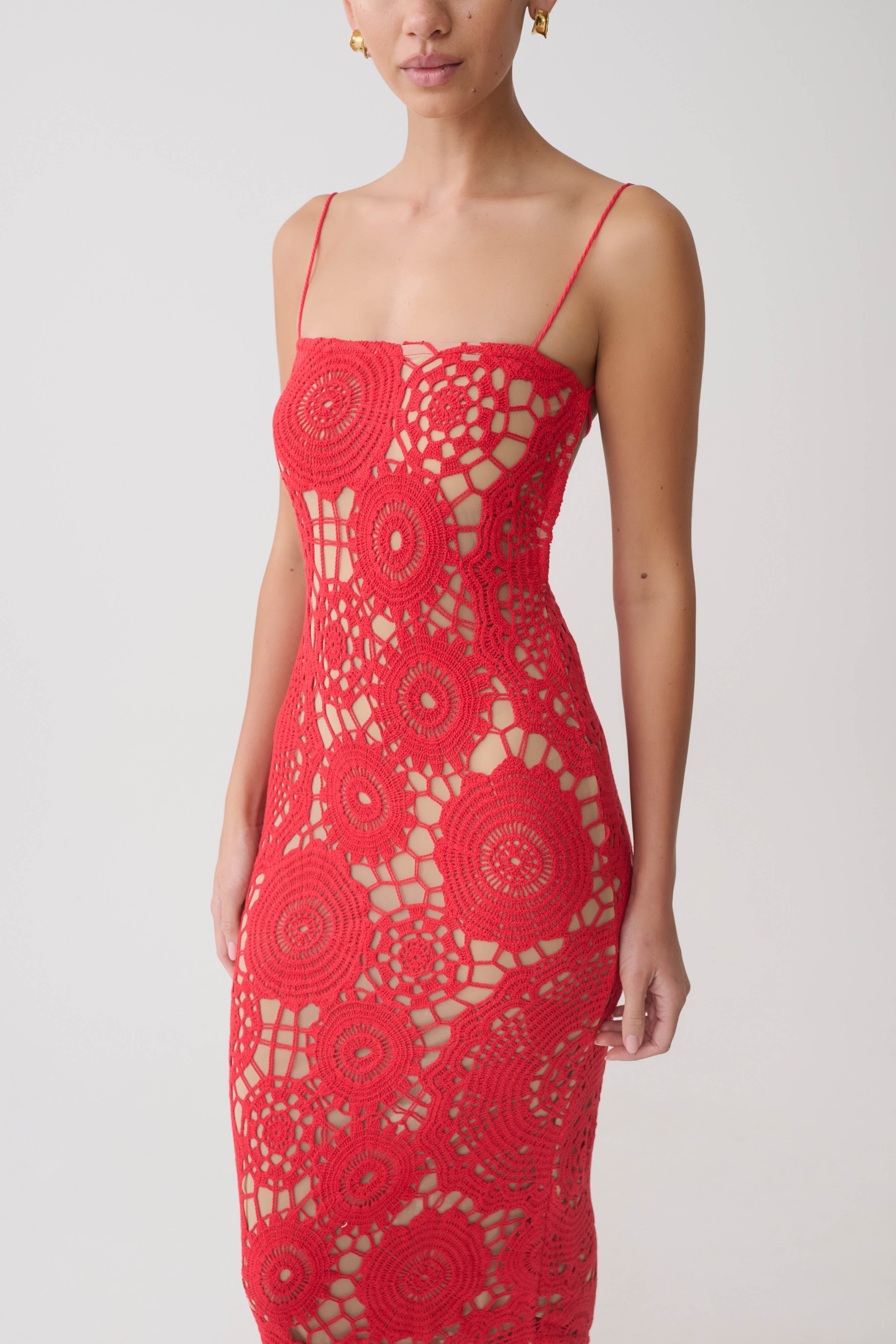 Delta Crochet Halter Midi Dress - Red