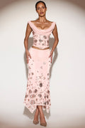 Embellished Mid-Rise Hanky-Hem Midaxi Skirt in Pink